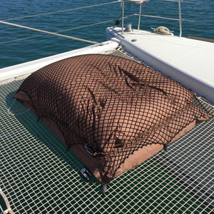 Bespoke elasticated net for covering cushions on a boat deck (customer photo).