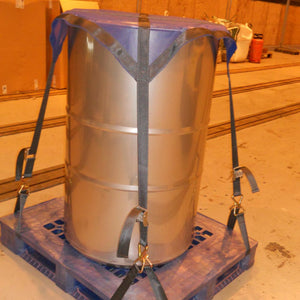 Bespoke load restraint net covering drum on pallet (customer photo).