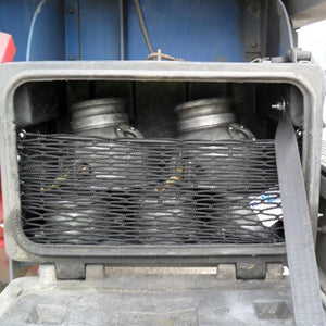 Bespoke frame elastic net to fit within metal storage box (customer photo).