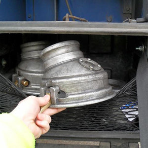 Bespoke frame elastic net to fit within metal storage box showing ease of removal of items (customer photo).