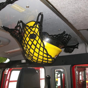 Bespoke elastic netting for helmet storage in a fire engine (customer photo).