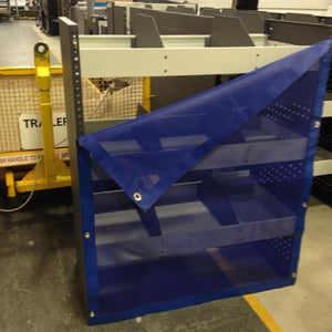 Bespoke mesh net with turn buttons covering shelving (customer photo).