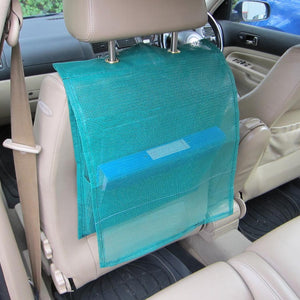 Closed view of a bespoke green mesh document pocket organiser for use behind a car seat or in a commercial vehicle.
