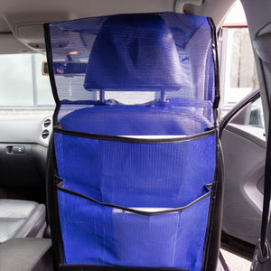 Open view of a bespoke blue mesh document pocket organiser for use behind a car seat or in a commercial vehicle.
