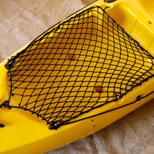 Bespoke elasticated net to create a closed storage area on a kayak.