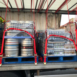 Load control nets with integrated fittings in use as part of a cargo load control system on a curtain side truck.