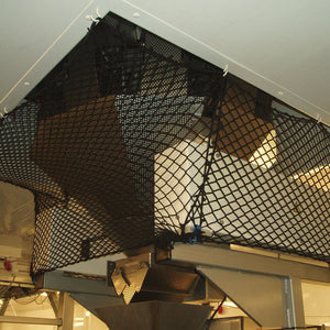 Bespoke black elasticated netting to cover digital camera in a warehouse.