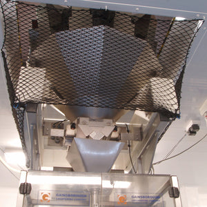 Bespoke black elasticated netting to cover digital camera in a warehouse.