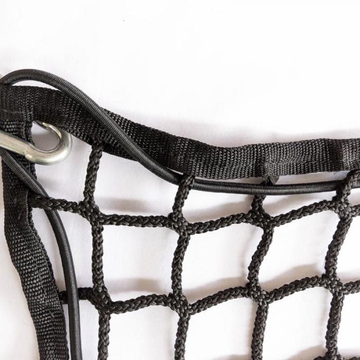 Extra Heavy Duty Cargo Net 1.5m x 1.5m with Webbing Edge, Bungee Cord and Carabiner Hooks 45mm Mesh Black