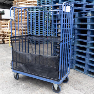 Bespoke roll cage trolley net with front flap opened downwards.