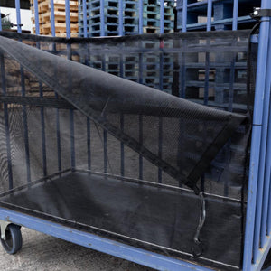 Bespoke roll cage trolley net with front flap partially opened.