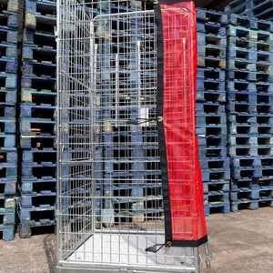 Side view of bespoke red mesh roll cage cover.