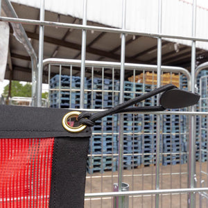 Close-up of corner plastic fitting on bespoke red mesh roll cage cover.