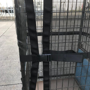 Side release buckle on a bespoke black mesh roll cage cover.