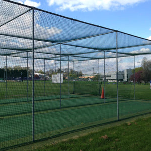 Netting around sports practice cages in a sports field.