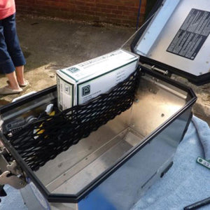 Bespoke frame elastic net to fit within a metal motorcycle pannier to provide additional storage space (additional customer photos and blog post can be viewed here).