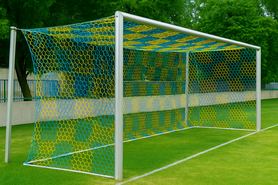 Pair of Full Size Box Style Football Nets 24ft 7in x 8ft 2in - Hexagonal Mesh - Chequered Pattern