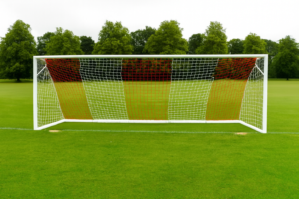 Pair of Full Size International Style Heavy Duty Football Goal Nets 24ft x 8ft - Vertical Stripe - 4mm Diameter