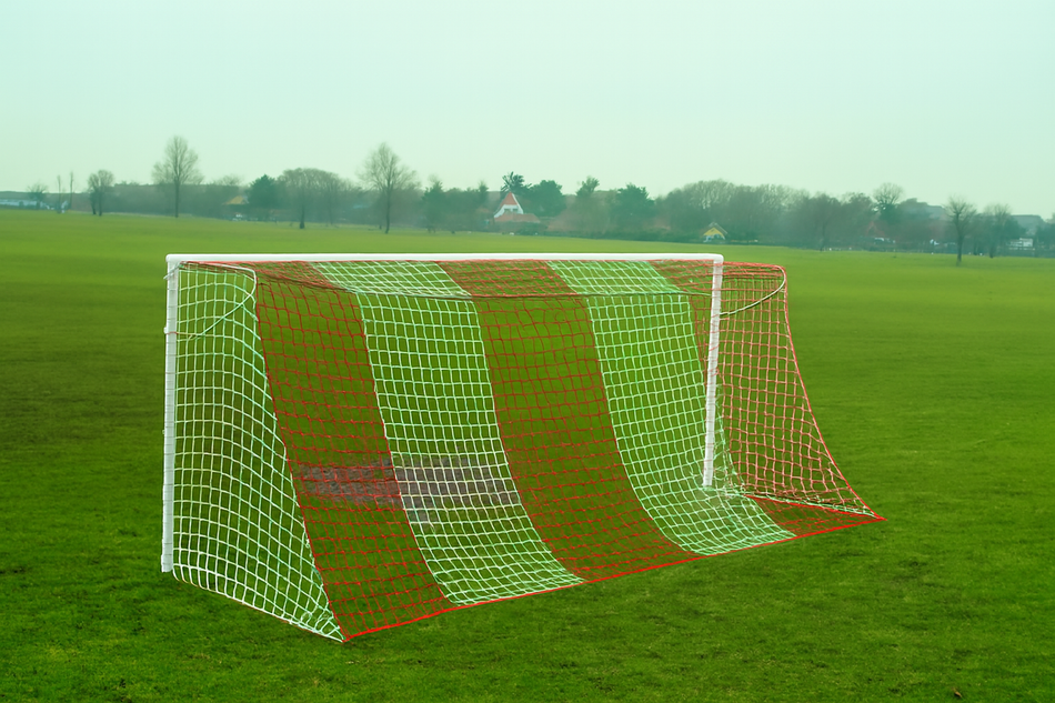 Pair of 9Vs9 (9-a-side) Football Nets 16ft x 7ft - 2 Colour Vertical Stripes - 4mm Diameter