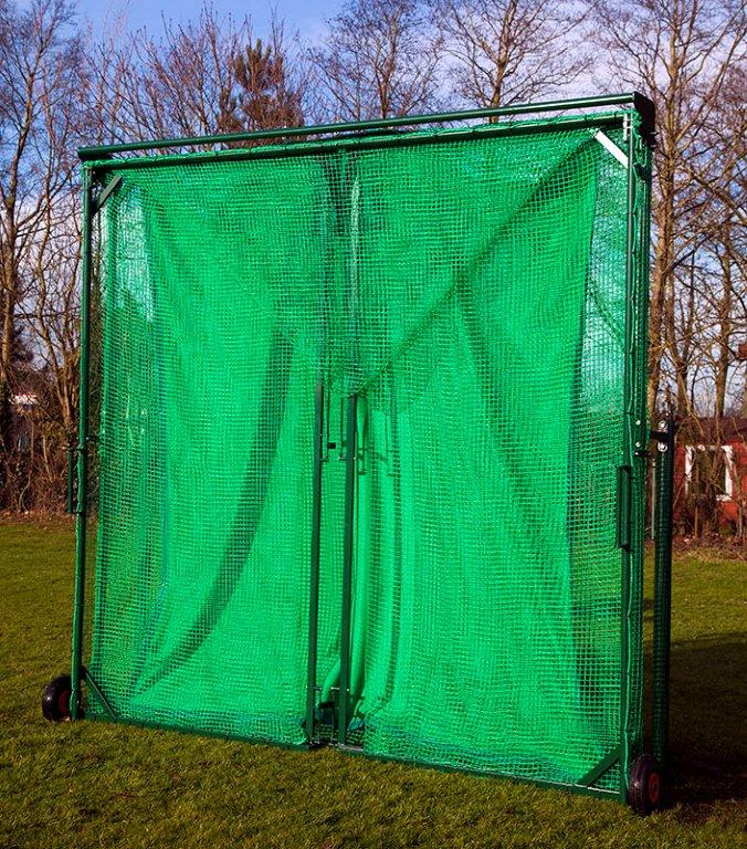 Folding golf cage shown partially collapsed with galvanised steel frame and puncture-proof wheels.