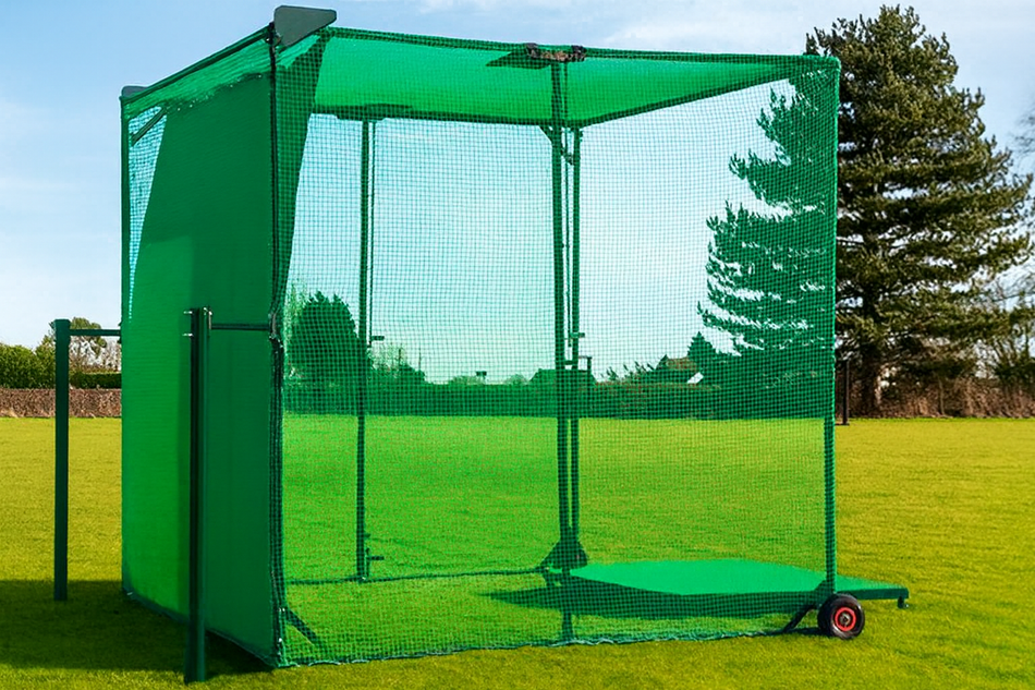Green Folding Golf Practice Cage & Net - 3m x 3m x 3m on wheels