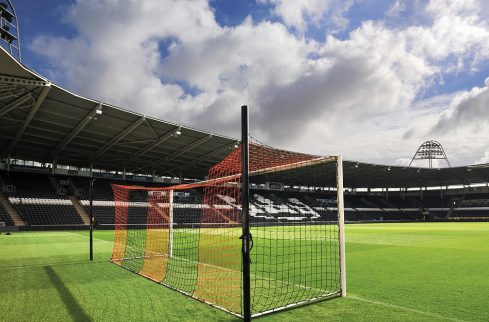 Pair of Full Size Box Style Football Goal Nets 24ft 7in x 8ft 2in - Vertical Stripe - 4mm Diameter