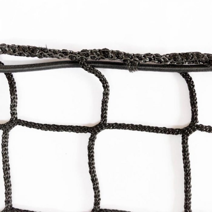 Black knotless net with 100mm mesh with reinforced edging and bungee cord