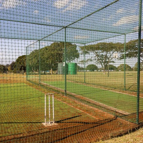 Cricket practice batting bowling nets with astro turf pitch .