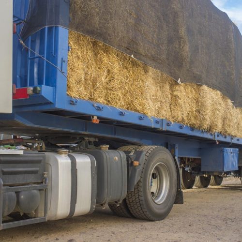 Heavy trailer truck loaded with straw bales