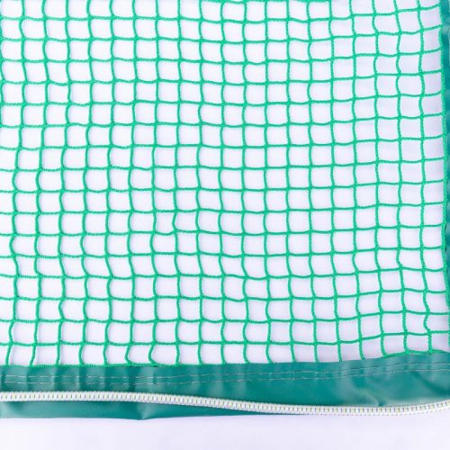 Green knotless net with PVC border and bungee cord threaded through the eyelets