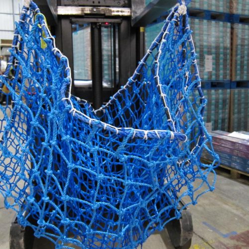 Blue knotted hoist net with knotless net overlay with reinforced edging