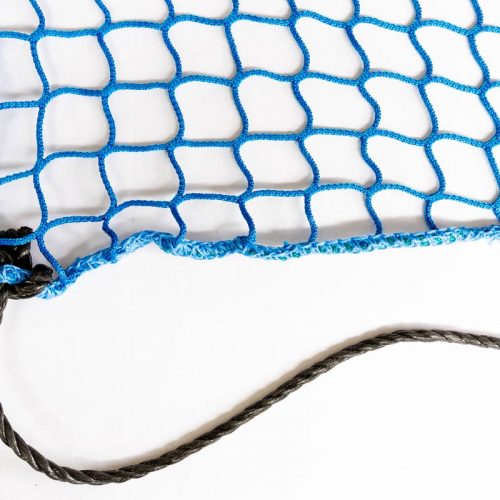 Blue knotless net with reinforced edging and black tie cord