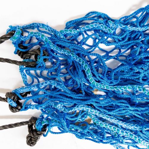 Blue knotless net with reinforced edging and black tie cords