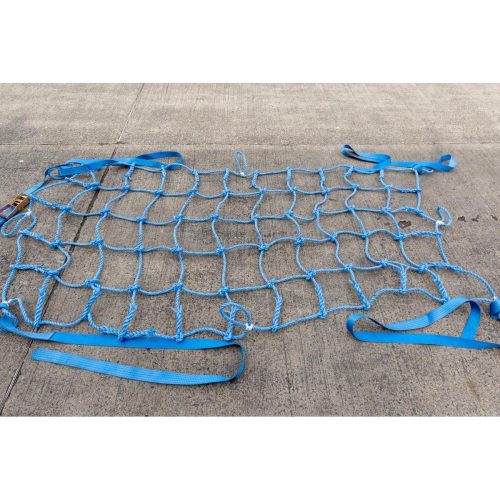 Blue Knotted Rope Load Control/Retention and Partition Net with soft eyes and 2m long webbing at each corner