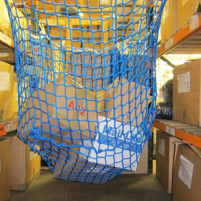 Large blue box hoist net with boxes.