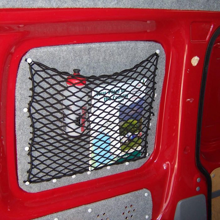 Bespoke elastic net showing items stored in a van