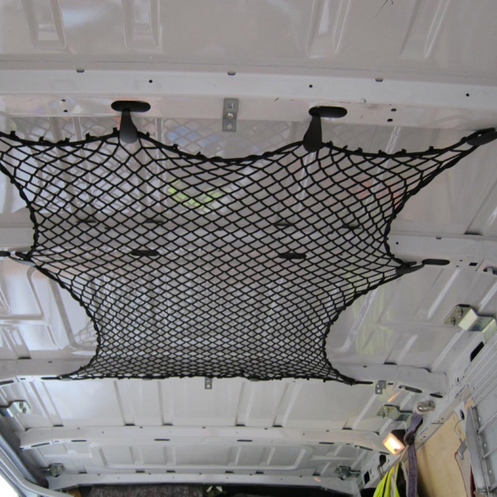 Custom-made elastic net with plastic clips to fit the roof of a van