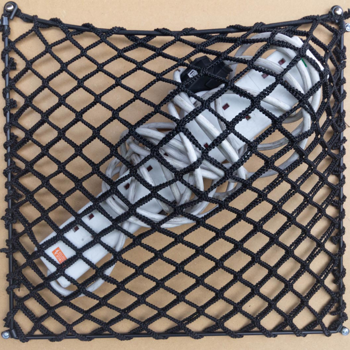 BBespoke double layer frame elastic net showing storage of an extension cord
