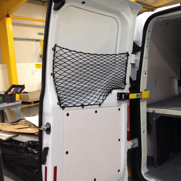 Custom-made frame elastic net shaped to fit the rear door of a van