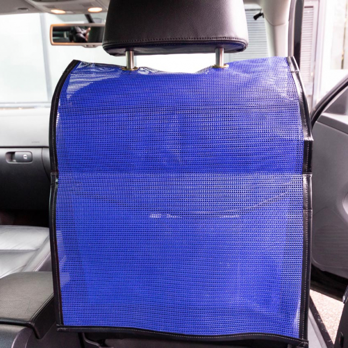 Closed view of a bespoke blue mesh document pocket organiser for use behind a car seat or in a commercial vehicle.