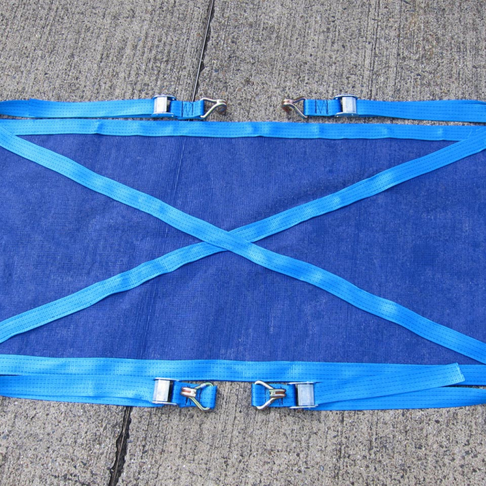 Blue load restraint net with webbing and integrated fittings.