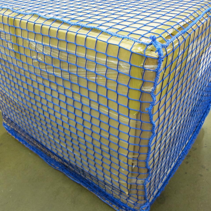 Close-up of a blue pallet cover net.