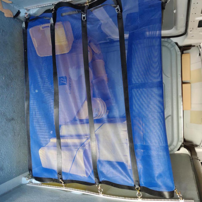 Blue partition net fitted in the back of a truck