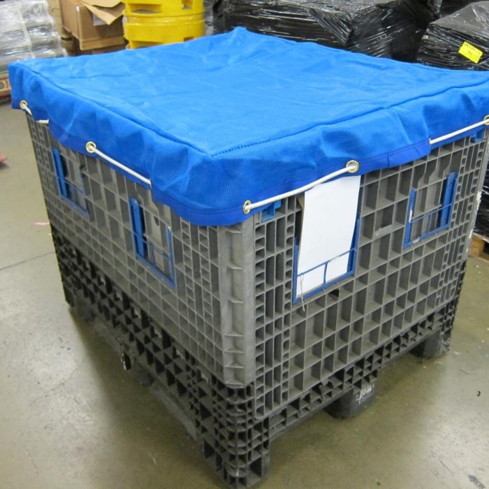 Blue Heavy Duty Mesh Stillage cover with eyelets and bungee cord threaded