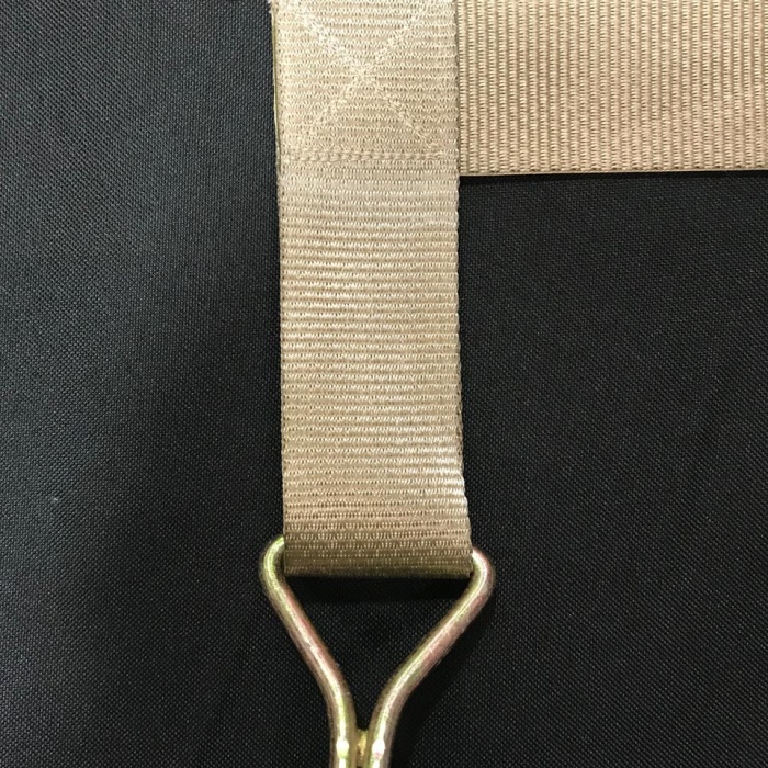 Close-up of custom tan colour webbing cargo net showing metal end hook.