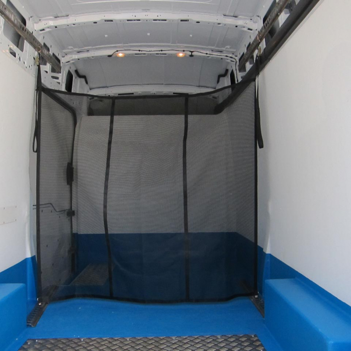 Bespoke load control partition net fitted in a van.