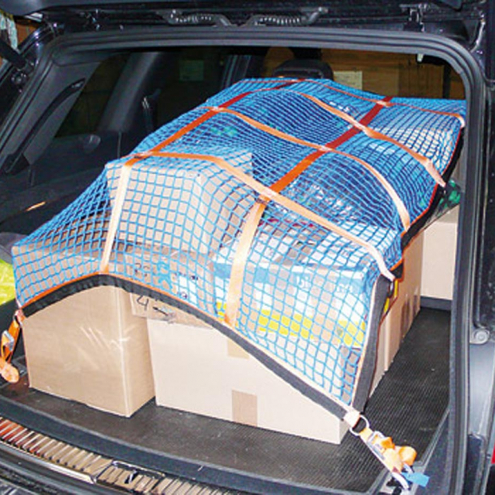 Example of a cargo load restraint net with webbing and fittings integrated.